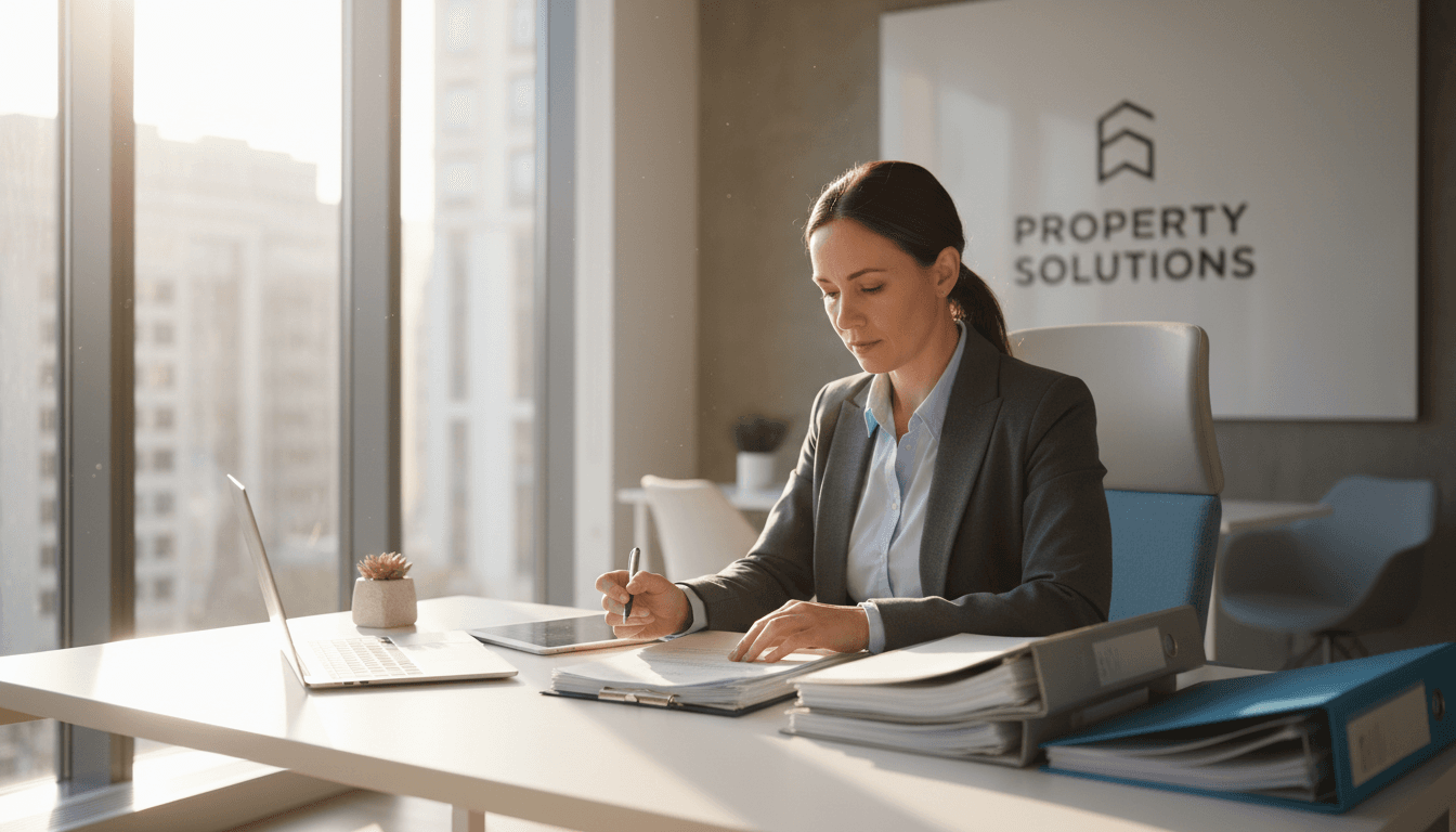 A property manager reviewing rental application documents at a modern office