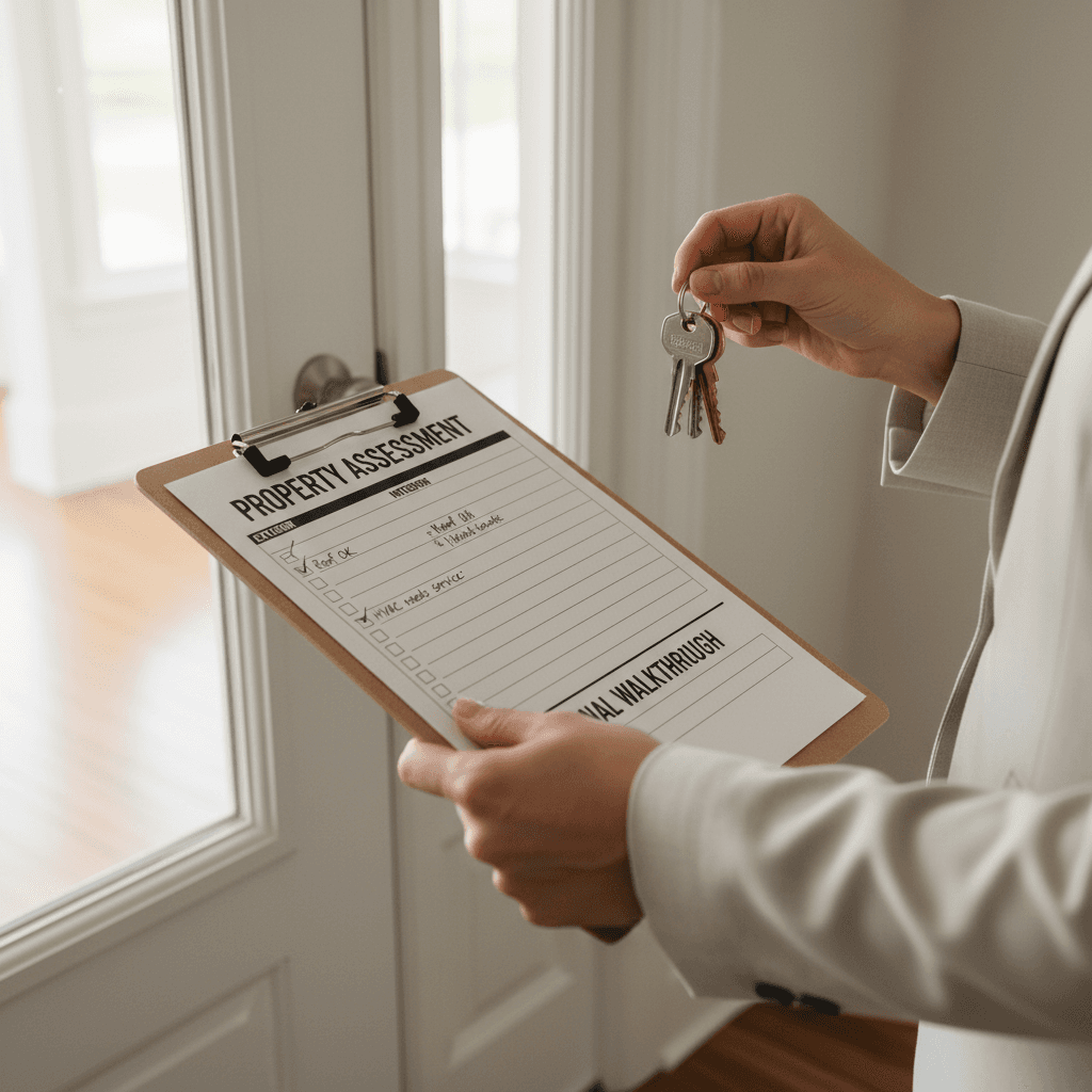 Property inspection checklist and keys during residential walkthrough
