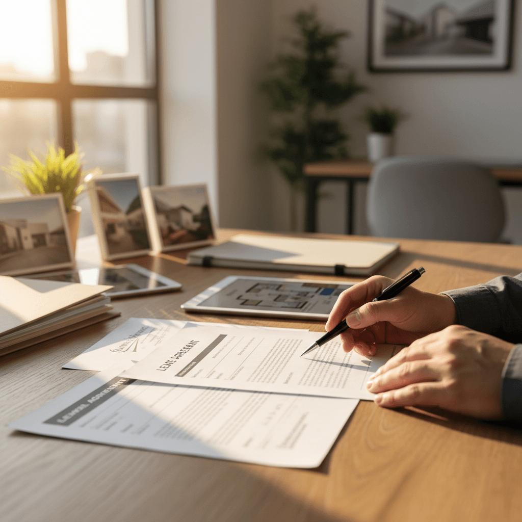 Property manager reviewing rental documents at desk