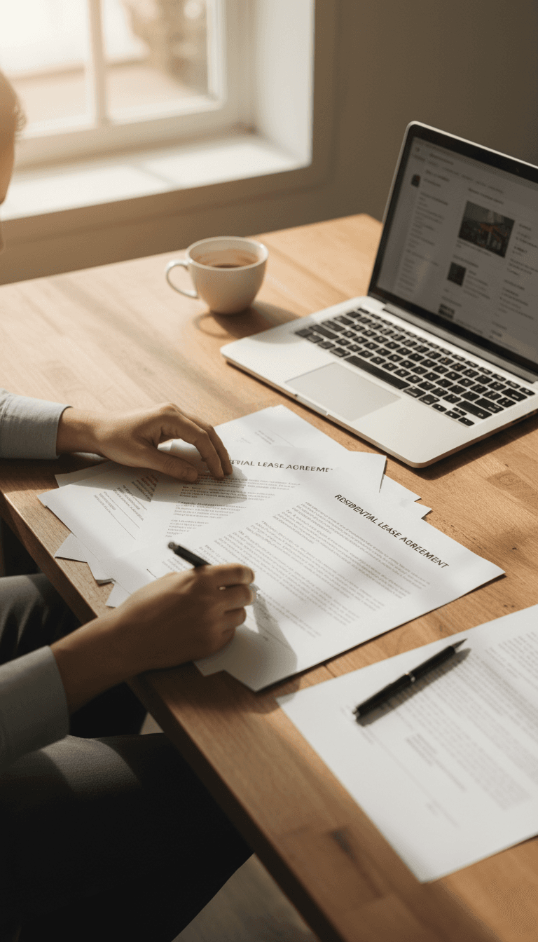 Property manager reviewing rental documents at desk with laptop
