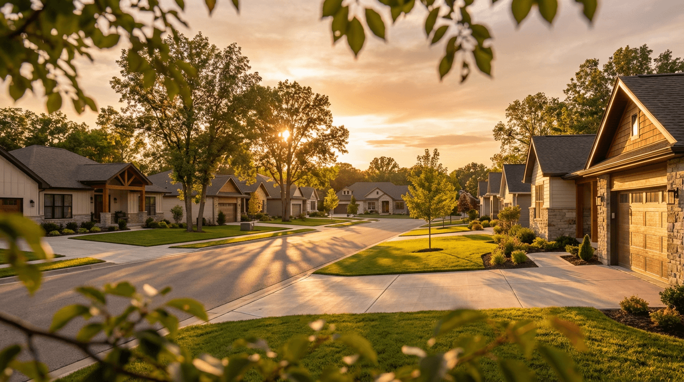 Tree-lined residential street at golden hour with warm sunlight casting shadows on modern homes and manicured lawns.
