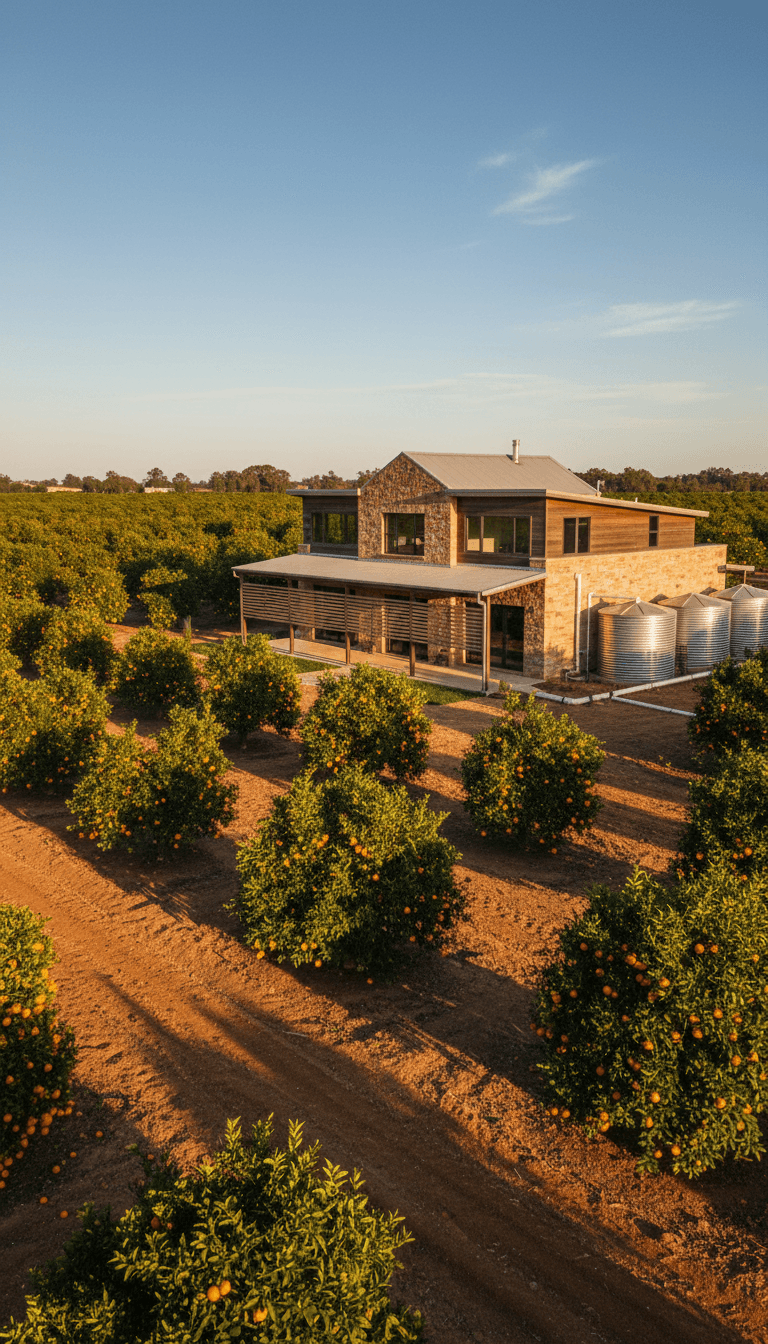 Modern farm residence nestled among mature fruit trees with irrigation infrastructure and storage facilities visible