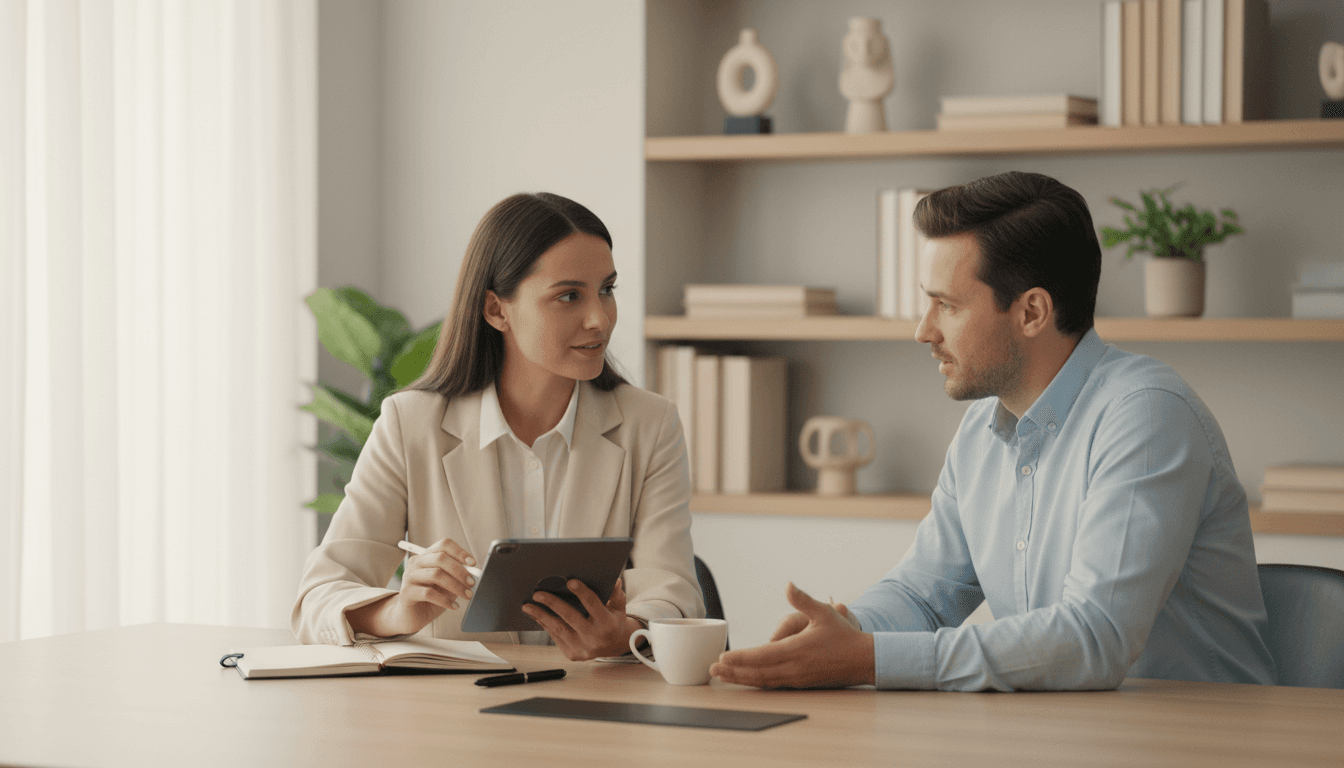 Service consultant actively listening to client during personalized consultation meeting in modern office with warm natural lighting