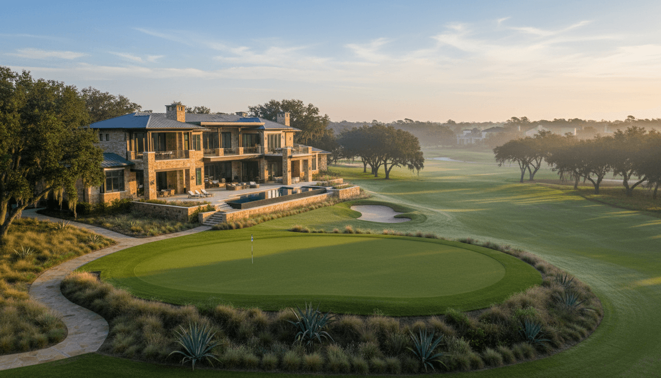 Luxury residential property overlooking championship golf course fairway with manicured landscaping and morning light