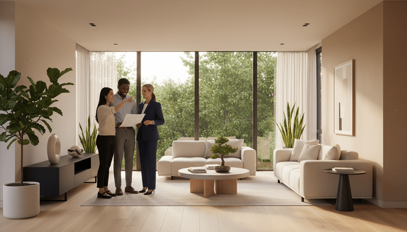 Diverse couple viewing a bright modern apartment with real estate agent explaining property features and amenities