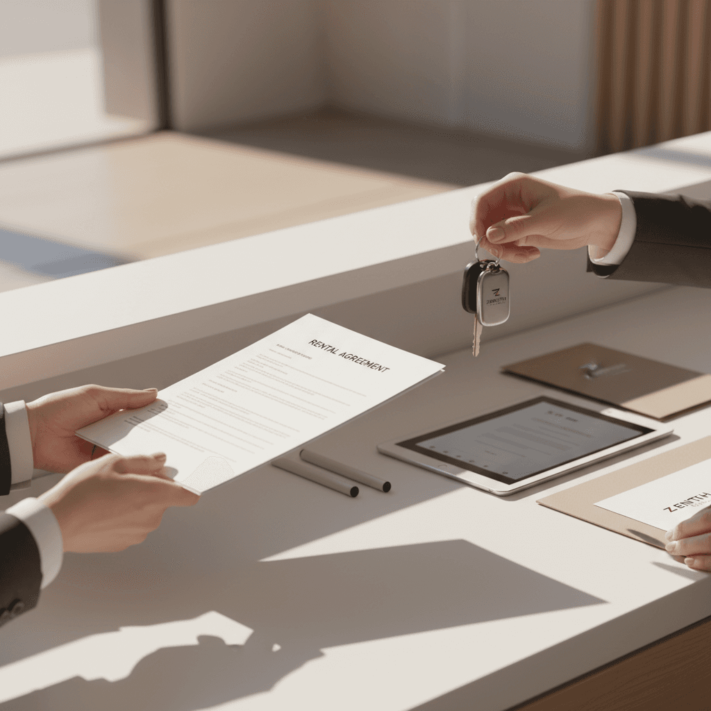 Rental agent handing vehicle keys and rental documents to customer at reception desk