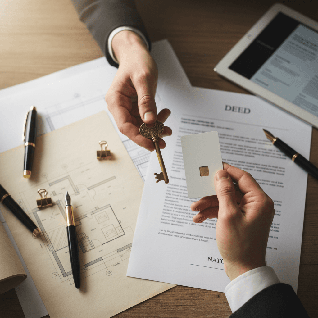 Close-up of real estate agent's hands holding house keys over property documents and blueprints on wooden desk