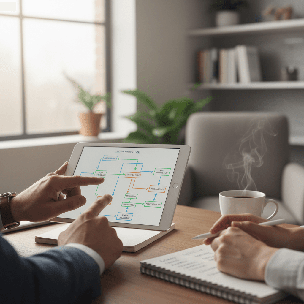Consultant's hands pointing to process flow diagram on tablet during one-on-one strategy session with nonprofit director