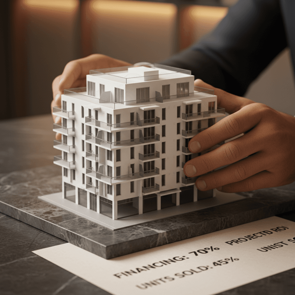 Investor hands holding detailed residential building model with property financing documents on marble desk